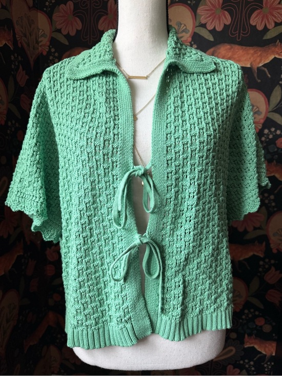 Wrap London Sweaters - Wrap London Kelly Green Knit Cardigan Size 8 Organic Cotton Ties Crop Crochet
